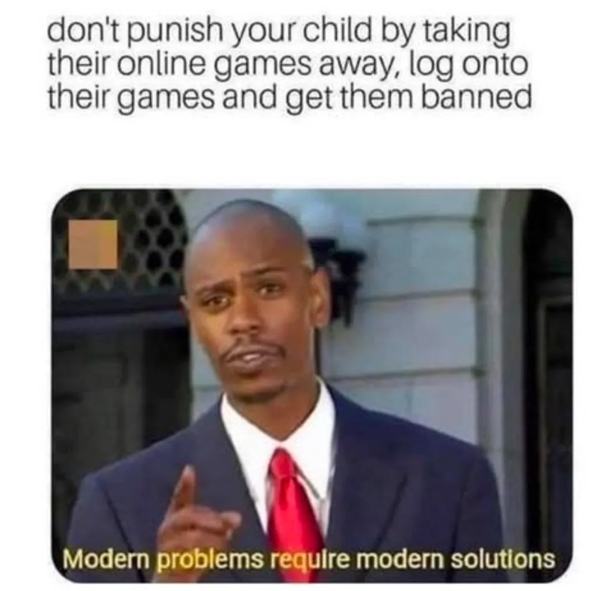 A man in a dark suit and red tie points forward with a serious expression, overlaid with the text 'don't punish your child…