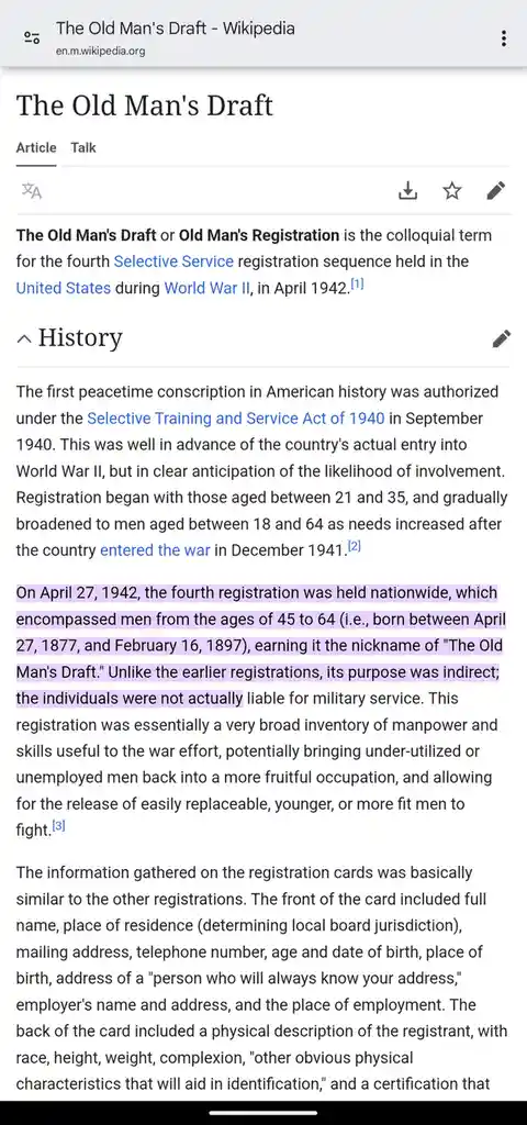 A screenshot of the Wikipedia page for 'The Old Man's Draft' highlights the text stating that the 1942 draft targeted men…