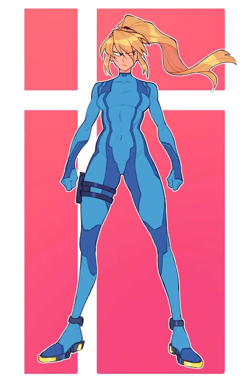 An anime-style female character with blonde hair in a ponytail, wearing a blue form-fitting suit with black straps and…