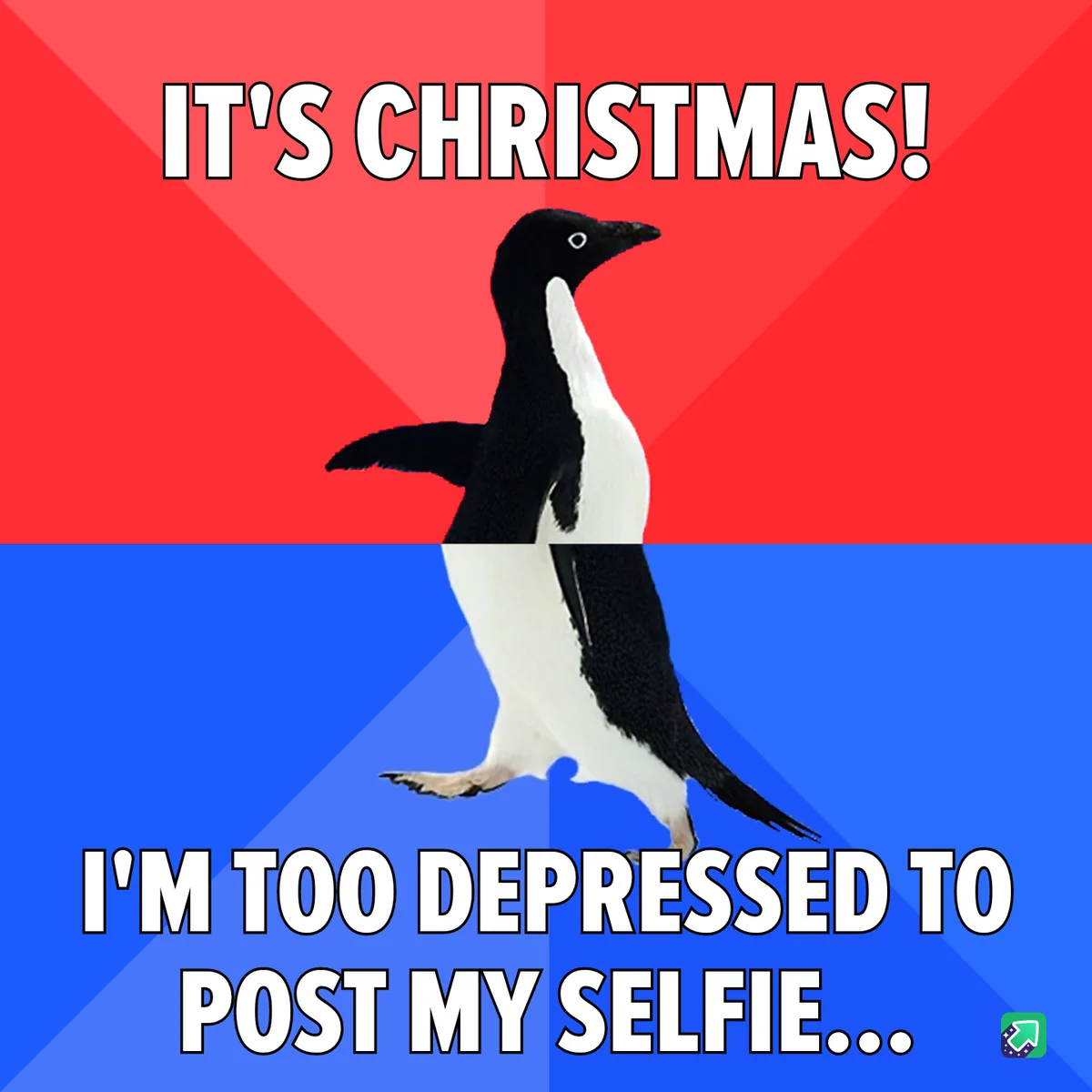 A penguin stands centered against a red and blue background, with the text 'IT'S CHRISTMAS!' at the top and 'I'M TOO…