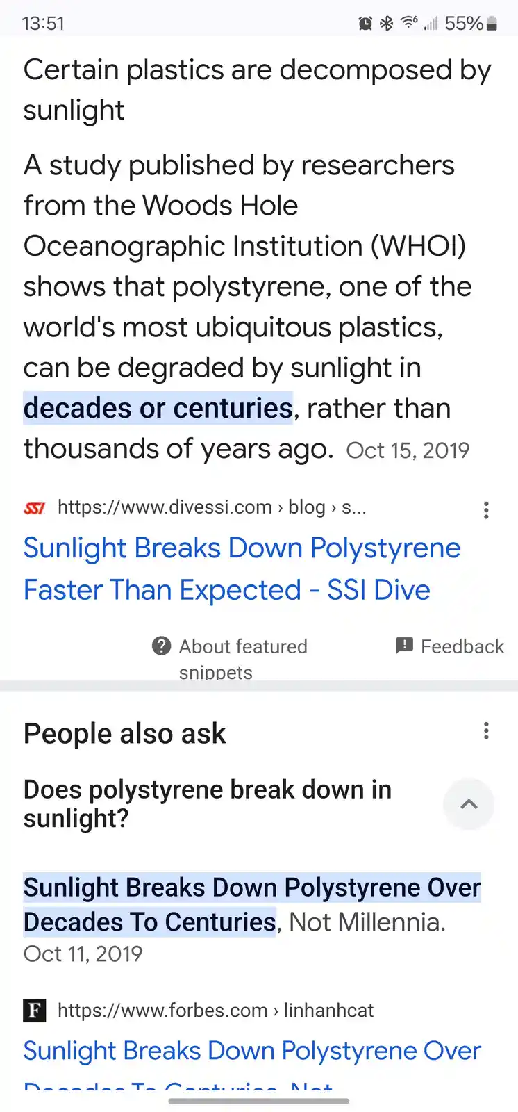 A screenshot of a Google search results page showing articles about sunlight degrading polystyrene, with the phrase 'decades…