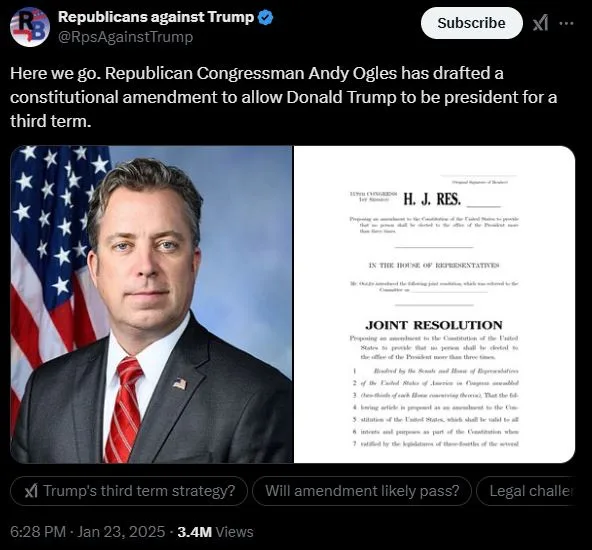 The image displays a split-screen: on the left, a formal portrait of Republican Congressman Andy Ogles in a suit and tie…