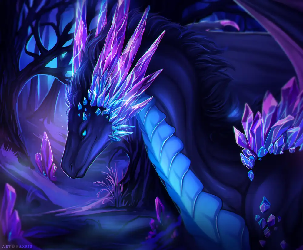 A dark blue, stylized dragon with glowing purple and blue crystal spikes on its head and back, standing in a mystical forest…