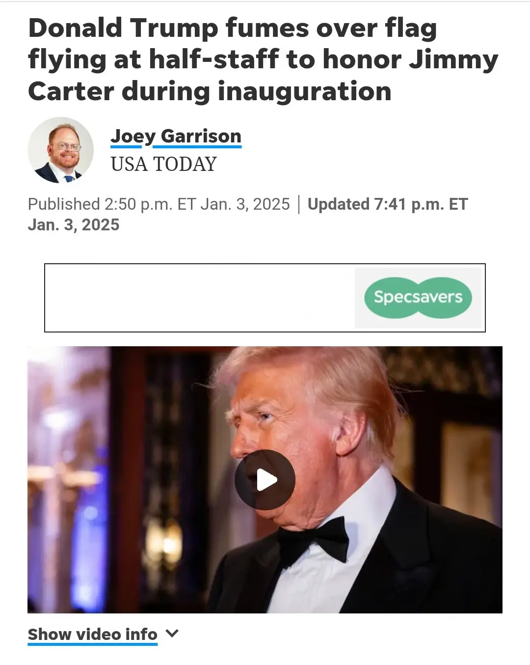 A screenshot of a USA TODAY news article by Joey Garrison dated Jan 3, 2025, with a headline about Donald Trump reacting to…