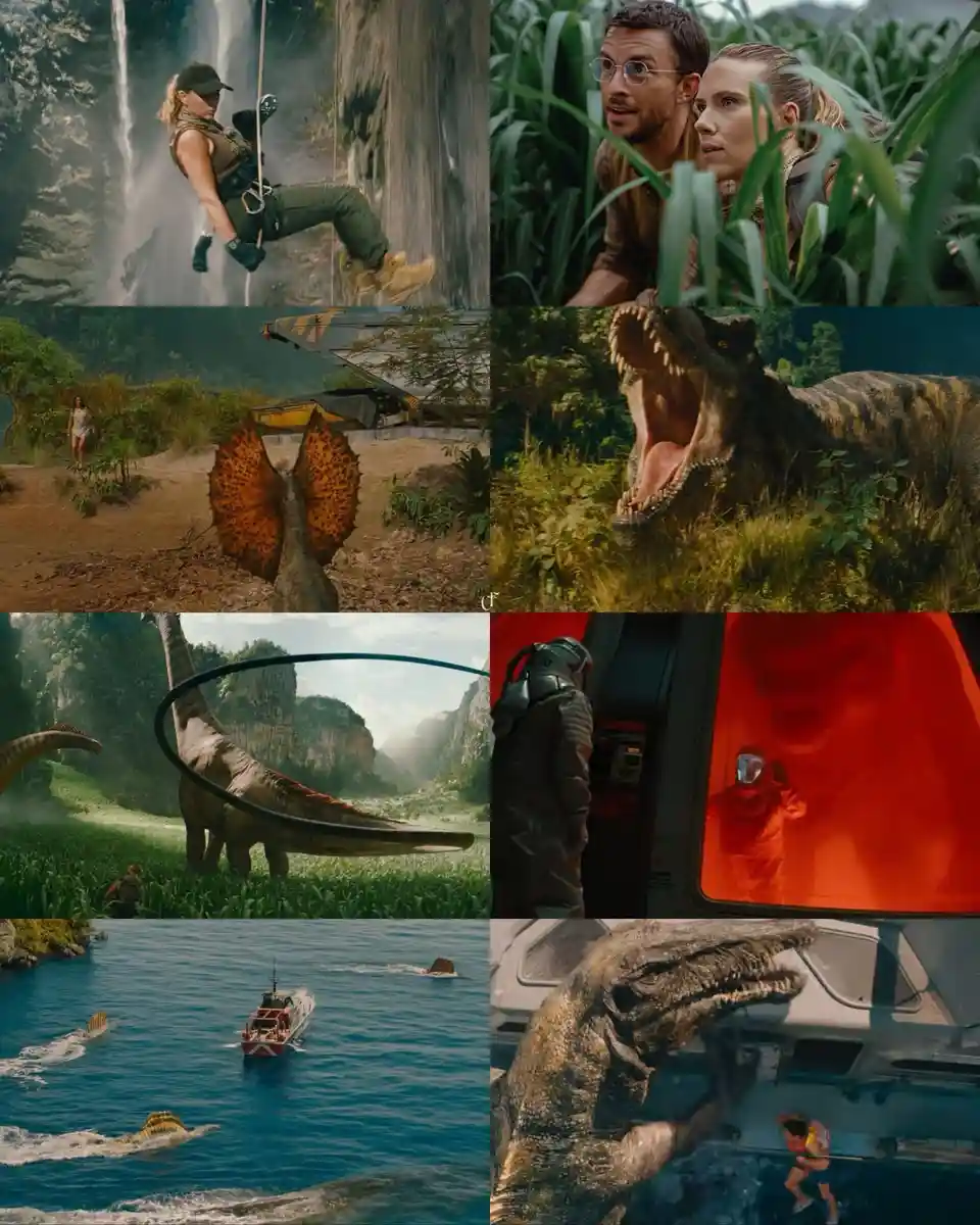 A collage of eight movie stills from 'Jurassic World Dominion' showing various dinosaurs and characters in perilous…