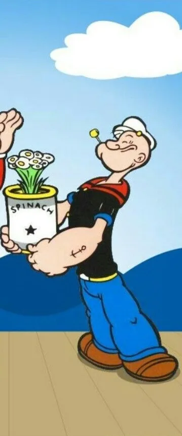 A cartoon depiction of Popeye the Sailor Man holding a can labeled 'SPINACH' that has grown a large, leafy plant with…