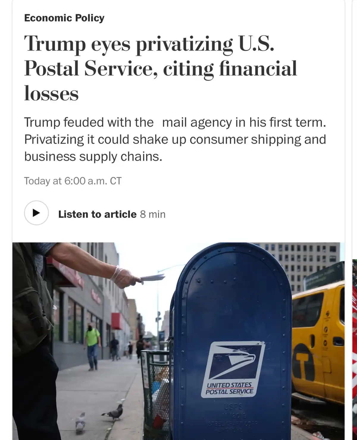 A screenshot of a news article headline about Trump considering privatizing the U.S. Postal Service is overlaid on a photo…