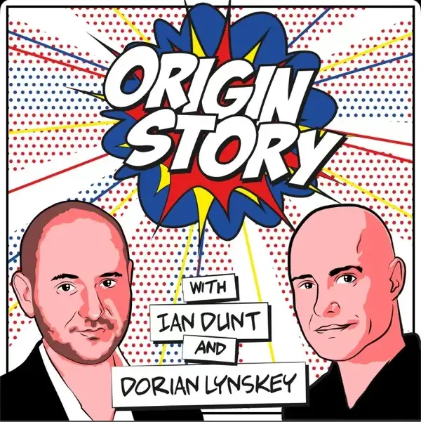 A comic book-style graphic with two bald men in suits facing forward, set against a background of red, blue, and yellow dots…