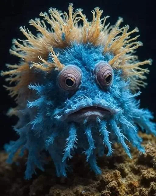 A close-up photo of a blue, fuzzy, spiky fish with large, bulging eyes and yellowish-orange tufts on its head, looking…