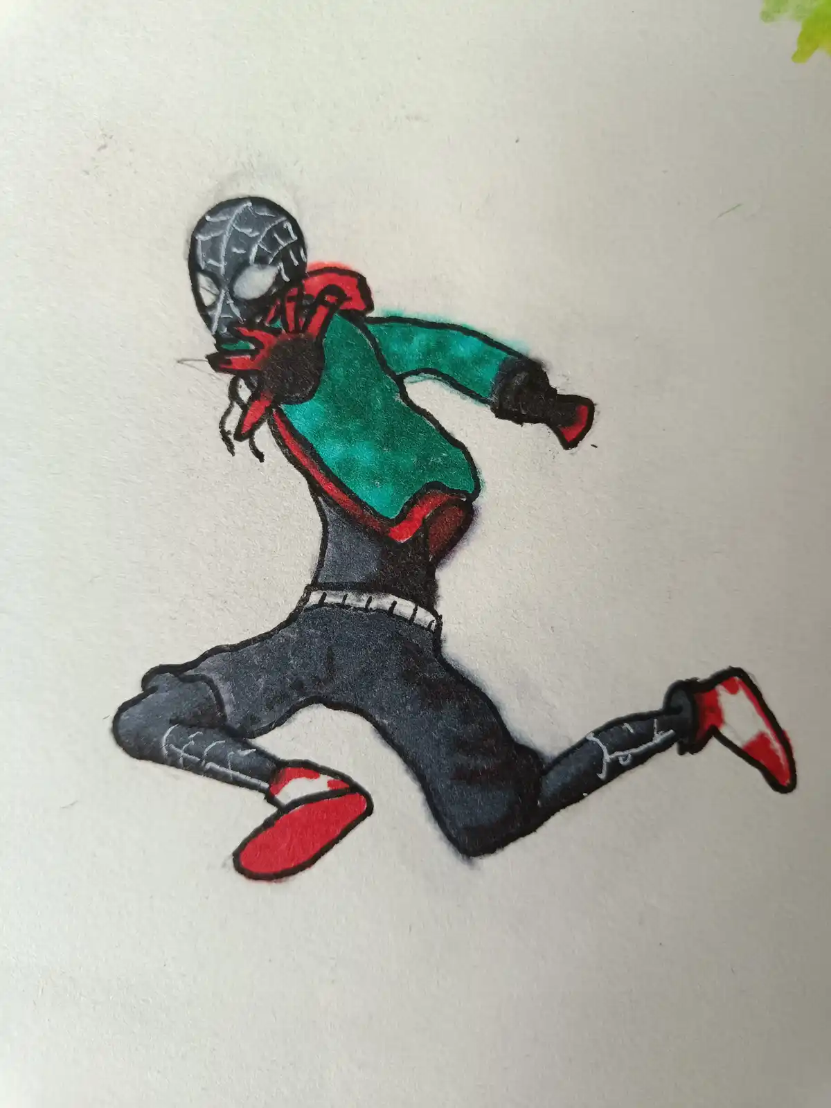 A hand-drawn illustration of a Spider-Man character in a dynamic running pose, wearing a black and red suit with a green…