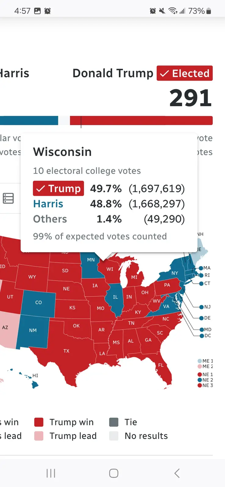 A screenshot of an election map showing Donald Trump as 'Elected' with 291 electoral votes, with a pop-up box for Wisconsin…