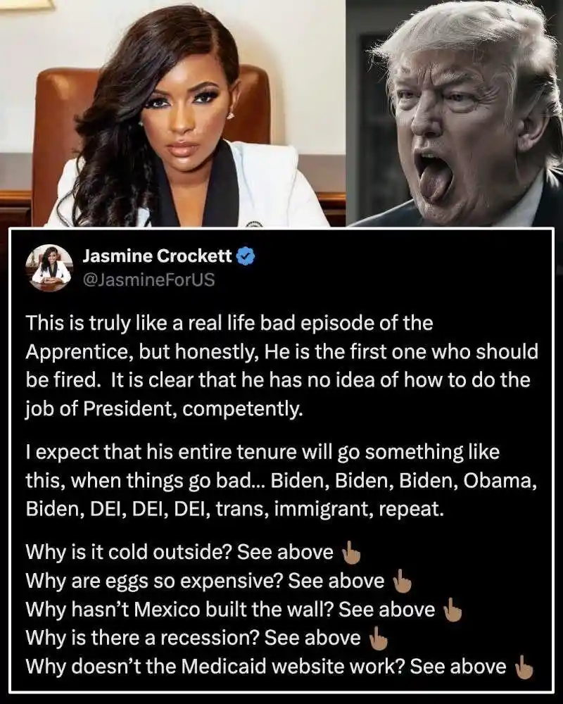 The image displays a split-screen: on the left, a woman (Jasmine Crockett) in a white blazer seated in an office chair, and…