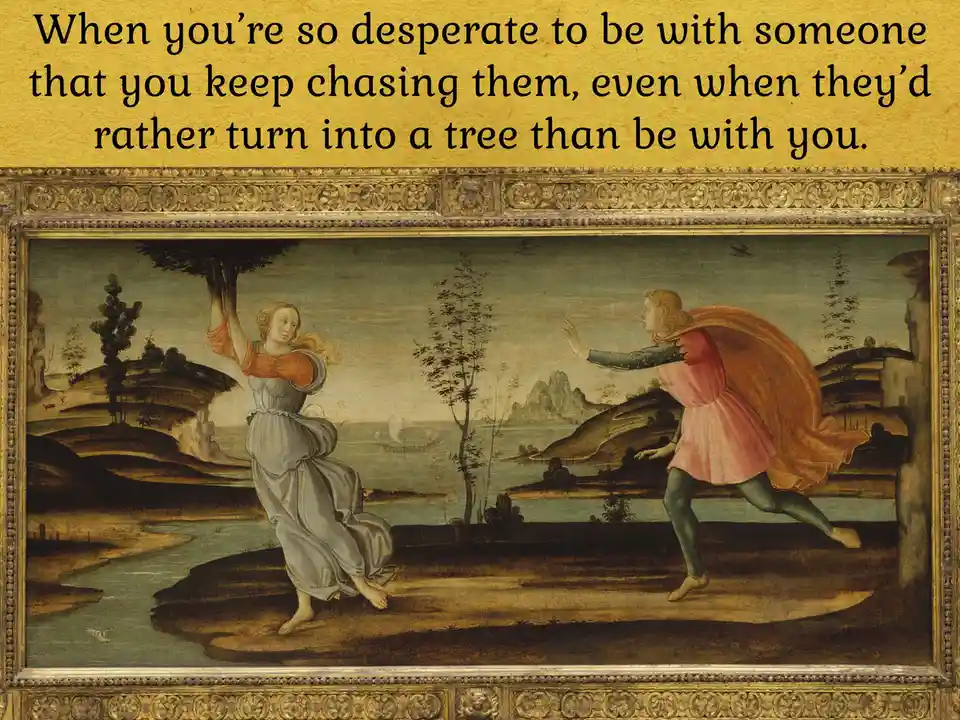 A classical painting depicts a man in a pink tunic and orange cloak running toward a woman in a blue dress who is holding a…