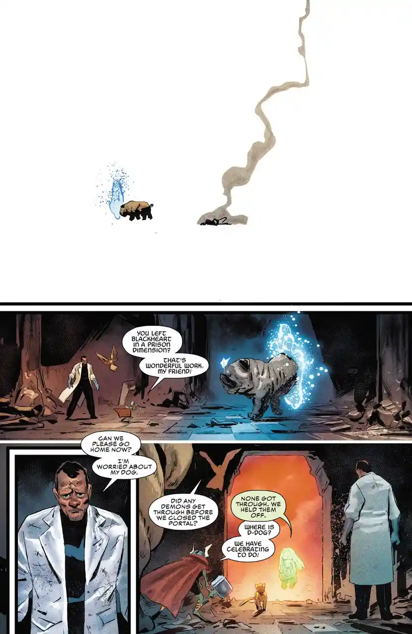 A comic panel shows a small dog being sent through a portal, followed by a scene where a scientist and Thor celebrate…