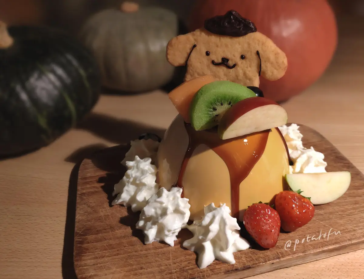A visually appealing dessert, likely a caramel-flavored pudding or mousse, is presented on a wooden board. It's topped with…