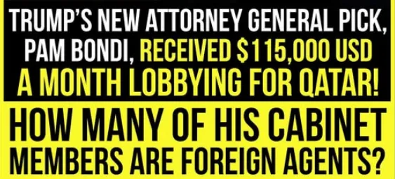 A bold yellow and black graphic displays text accusing Pam Bondi, Trump's new attorney general pick, of receiving $115,000…