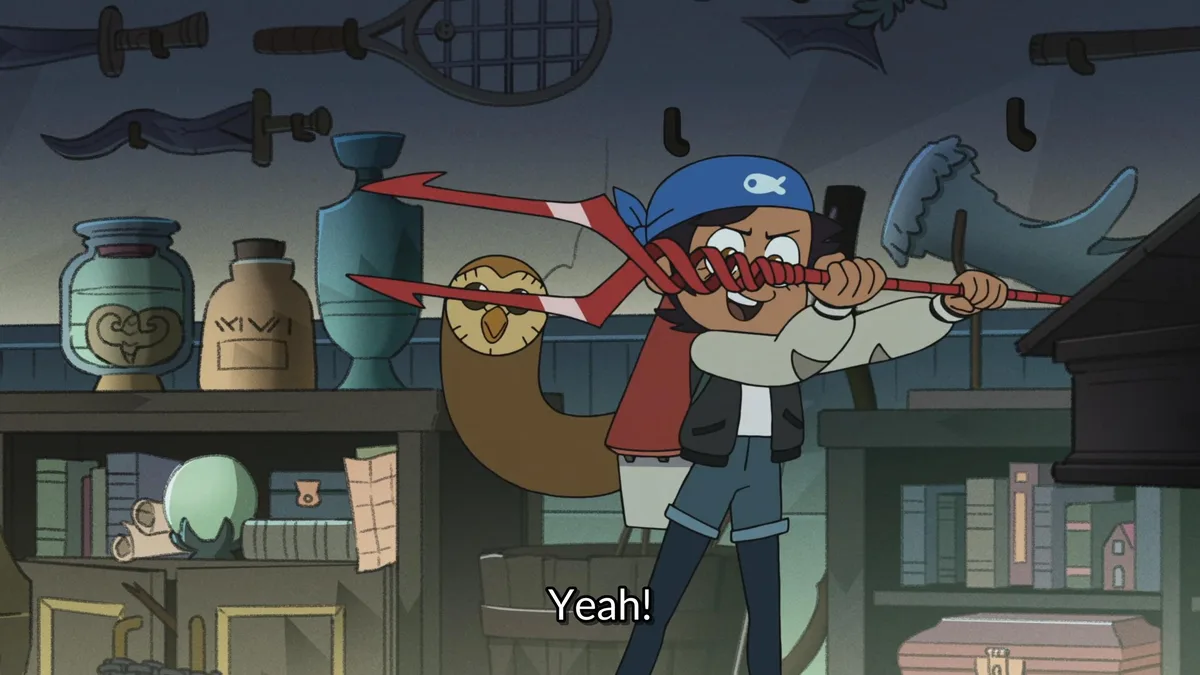 An animated character wearing a blue bandana with a fish symbol and a red cape is enthusiastically wielding a red…