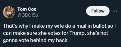 A screenshot of a tweet from Tom Cox (@OBC15u) showing his profile picture, username, and a 'Follow' button. The tweet text…