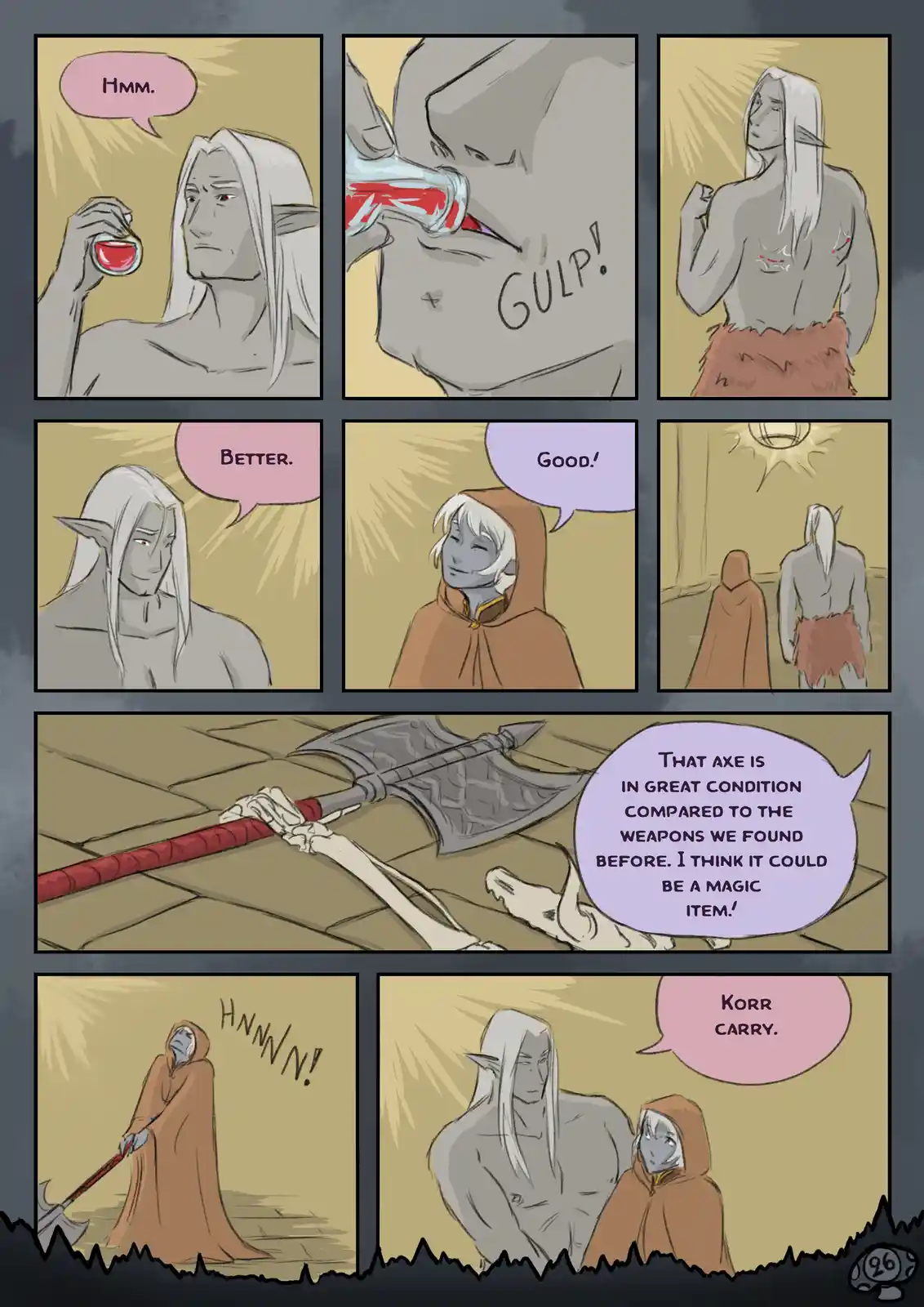 A comic strip shows an elf drinking a red liquid, then a hooded figure exclaiming 'Good!' after seeing the elf's reaction…