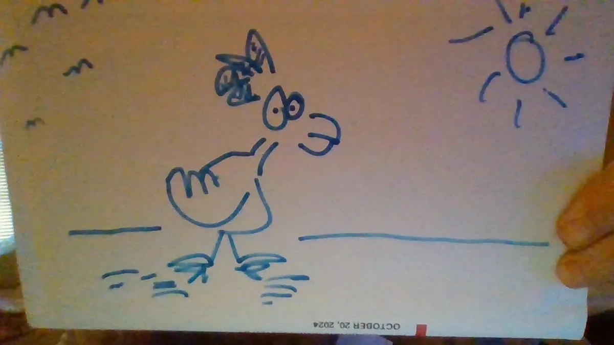 A hand-drawn cartoon in blue ink on paper shows a stick figure with a butterfly on its head, standing in water with a sun…