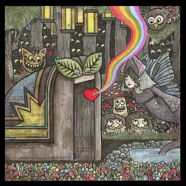 A whimsical, hand-drawn fantasy scene depicts a wooden door with a red heart-shaped doorknob, flanked by a grinning cat…