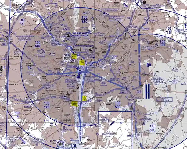 A detailed military aviation chart of Washington D.C. and surrounding areas, showing flight routes, restricted zones, and…