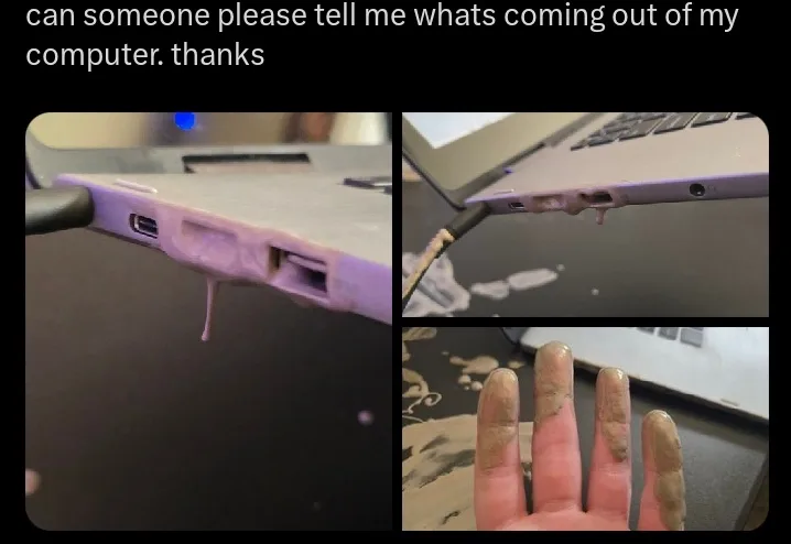 A three-panel image shows a laptop with a pinkish substance dripping from its ports, a close-up of the same laptop with the…