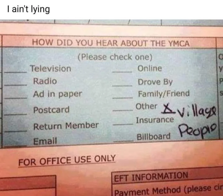 A close-up of a YMCA membership form showing the 'HOW DID YOU HEAR ABOUT THE YMCA?' section with options like Television…