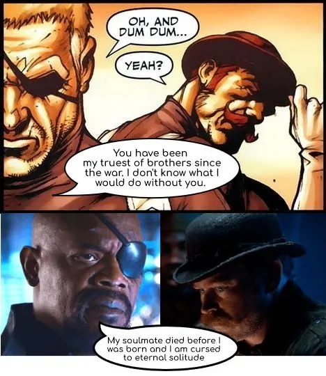 A comic panel shows a man with an eyepatch saying 'OH, AND DUM DUM...' to another man who responds 'YEAH?'. The first man…