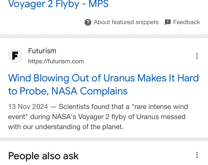 A screenshot of a Google search result snippet from Futurism.com dated 13 Nov 2024, reporting that scientists found a 'rare…