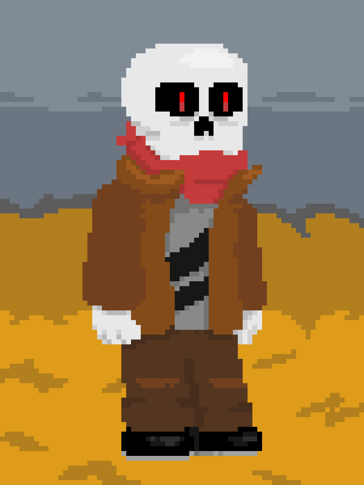 A pixel art image shows a skeletal character with red eyes, wearing a red scarf, brown vest, and pants, standing in a field…