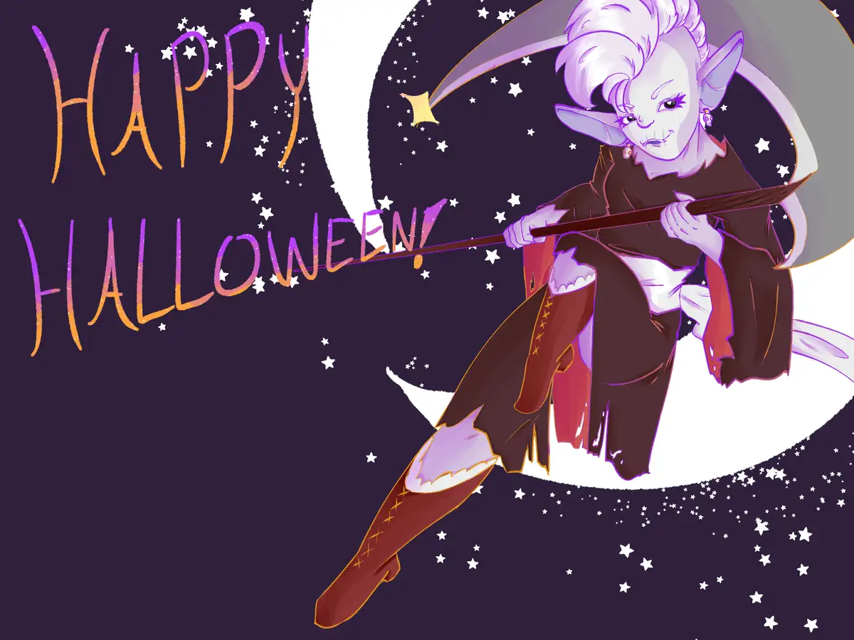 An illustrated witch with white hair and pointed ears sits on a crescent moon against a starry night sky, holding a…