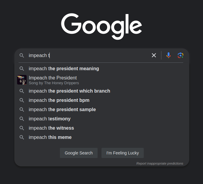 A Google search bar shows the typed query 'impeach' with autocomplete suggestions including 'impeach the president meaning'…