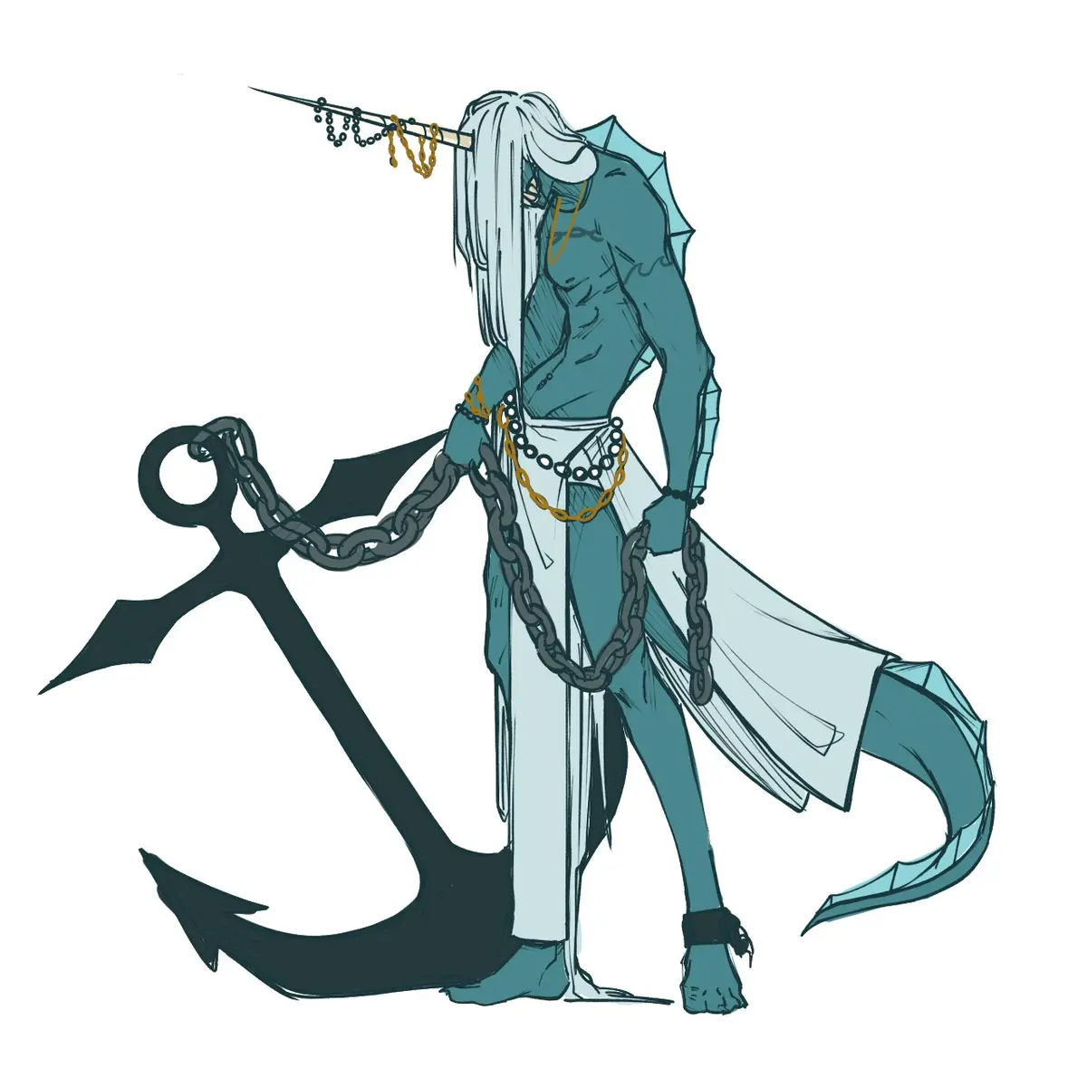 An illustrated figure with a mermaid-like tail, long white hair, and a horned headpiece stands beside a large anchor. The…