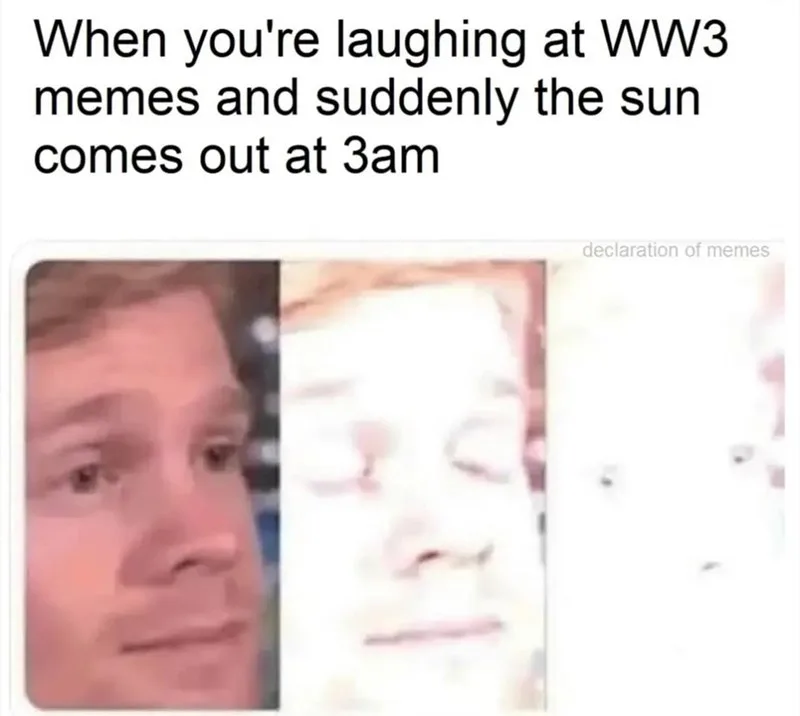The image shows a split-screen of a man's face transitioning from a calm expression to a bright, overexposed, almost…