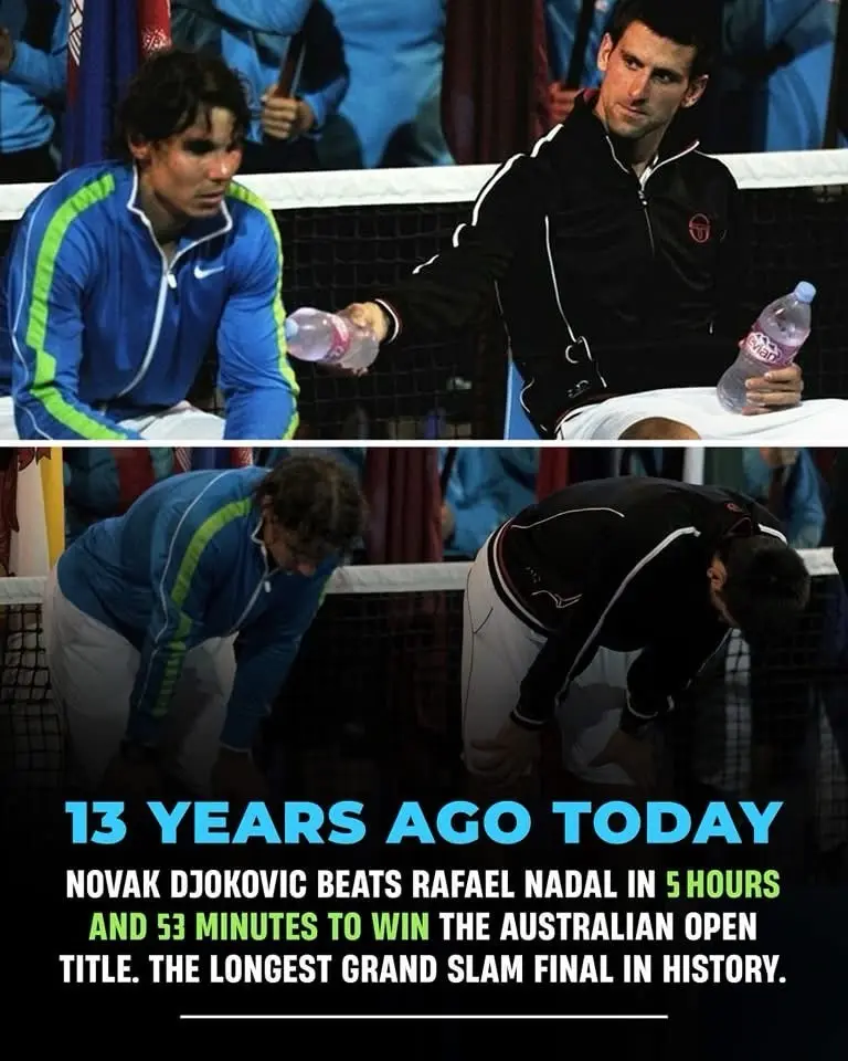 The image is a two-panel meme showing tennis players Rafael Nadal and Novak Djokovic sitting on opposite sides of a net in…
