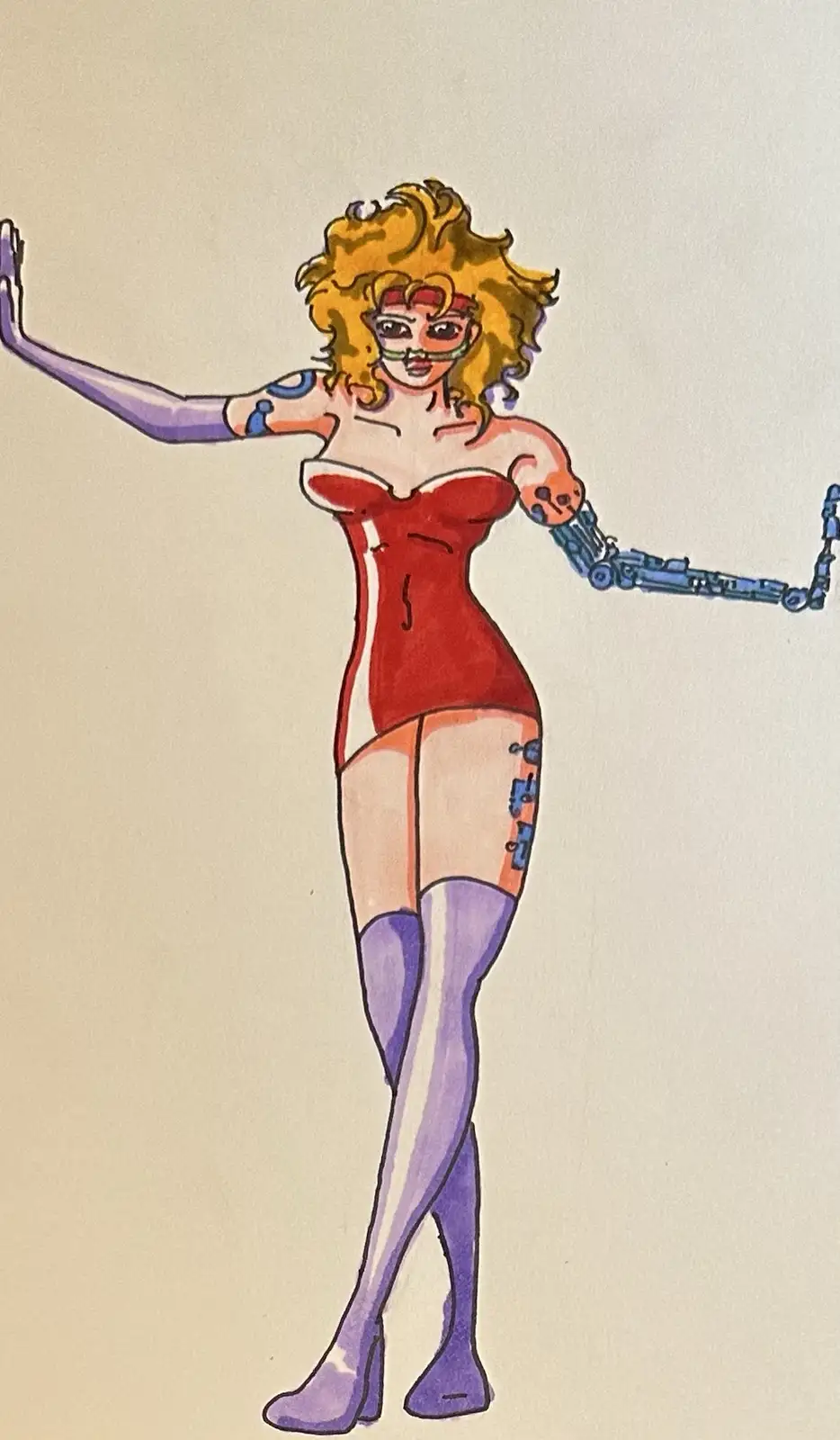A hand-drawn illustration of a woman with curly blonde hair, wearing a red corset, purple thigh-high boots, and glasses. Her…