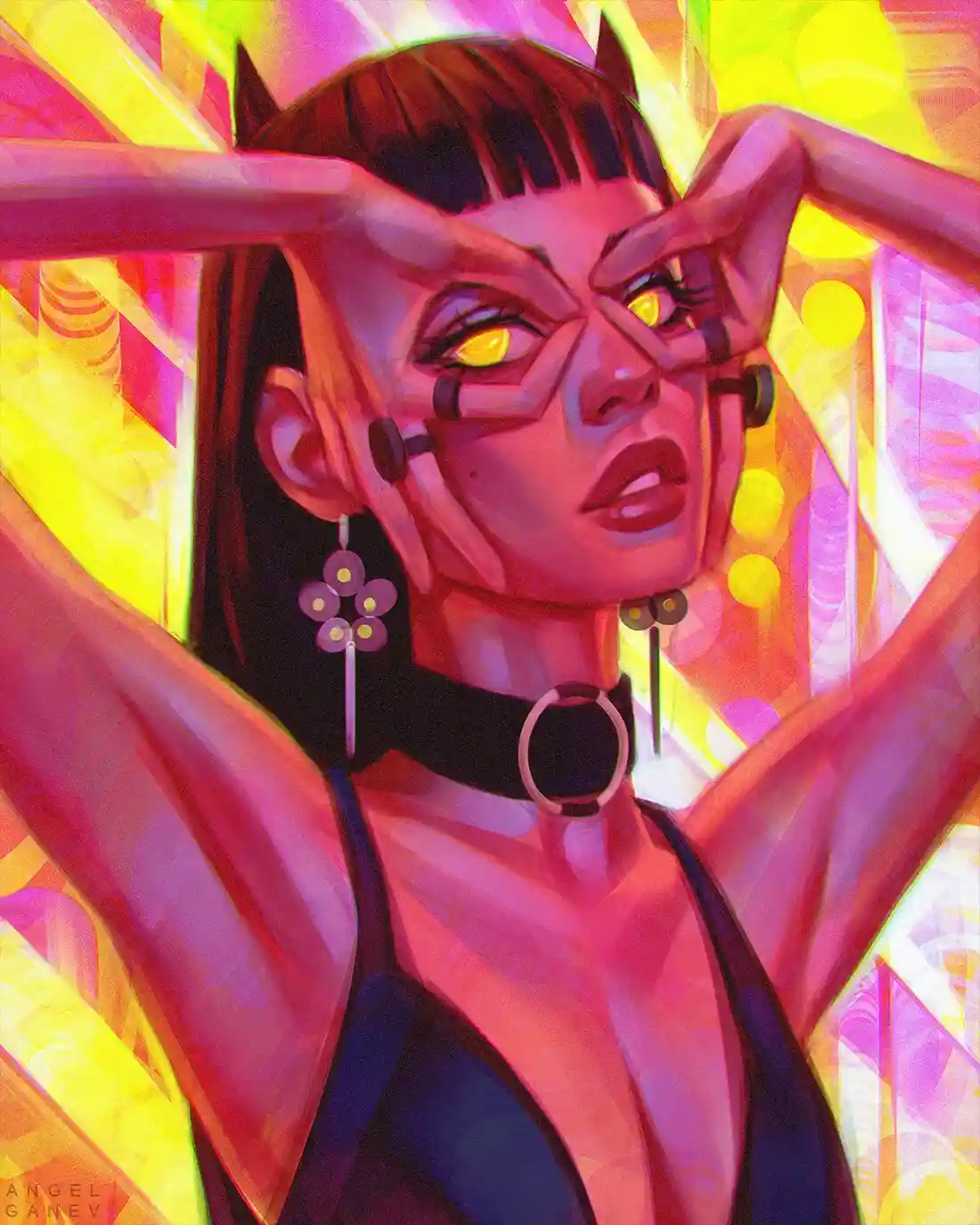 A stylized digital illustration of a woman with glowing yellow eyes, dark hair, and cyberpunk-inspired accessories like a…