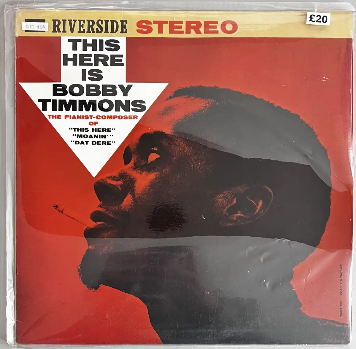 A vintage Riverside Stereo vinyl record cover featuring a stylized black-and-red portrait of jazz pianist Bobby Timmons, who…