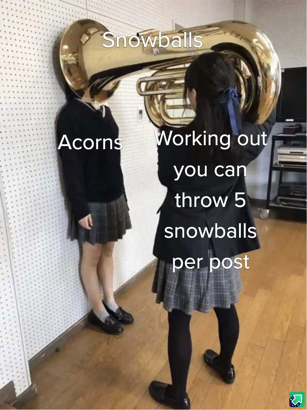 Two girls in school uniforms stand in a room; one holds a large brass tuba, while the other stands beside a wall. Text…