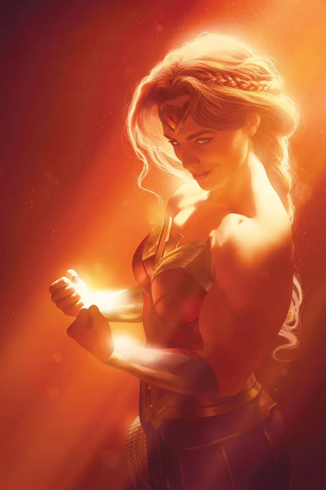 A woman in a red and gold superhero costume with a tiara and braided blonde hair, glowing with light from her clenched…