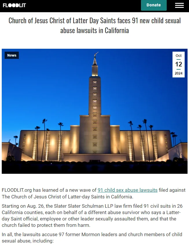 A screenshot of a Floodlit.org news article shows a lit temple at dusk, with the headline 'Church of Jesus Christ of Latter…