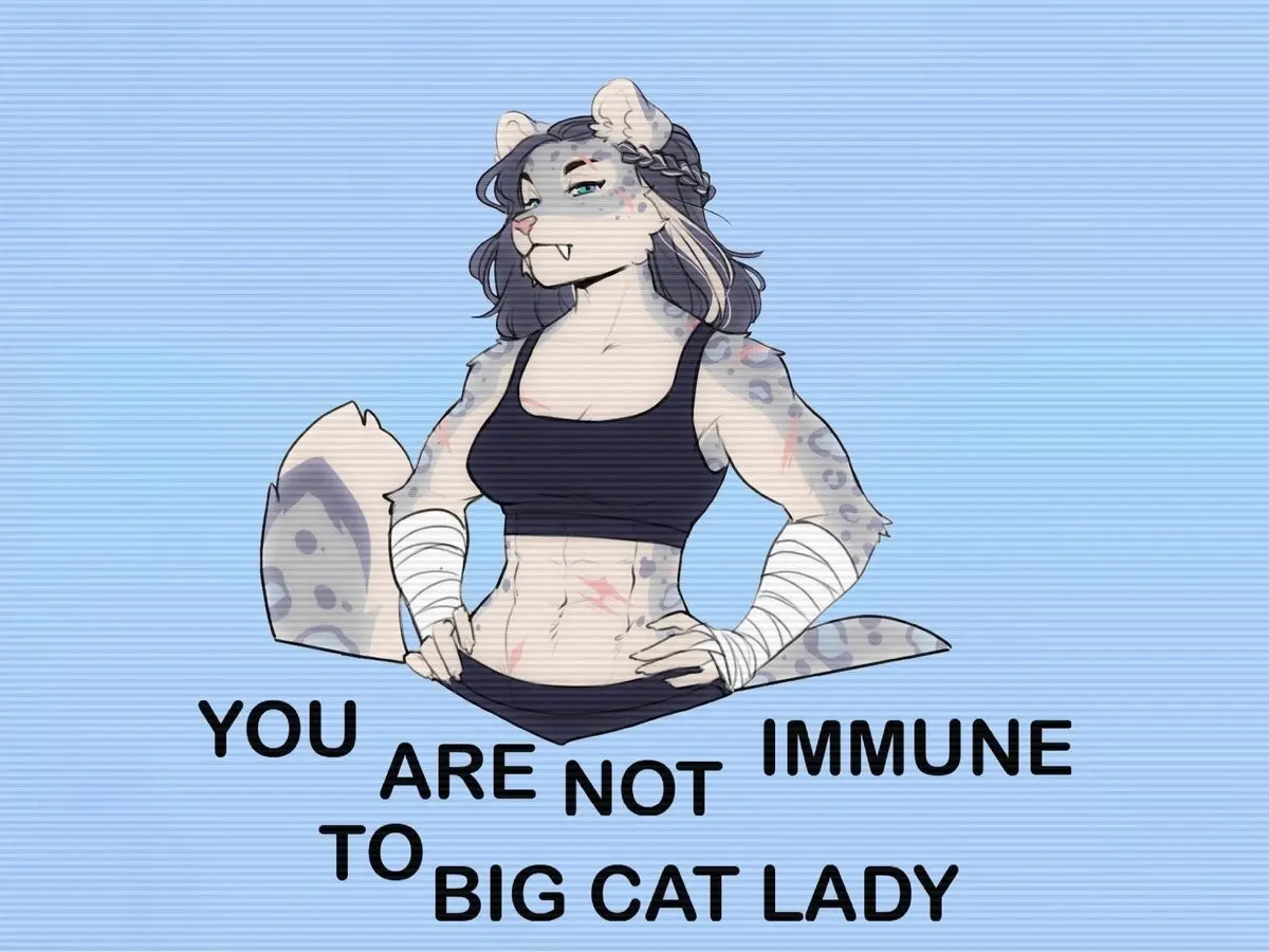 An anime-style illustration of a muscular, anthropomorphic snow leopard woman with dark hair, fangs, and spotted fur…