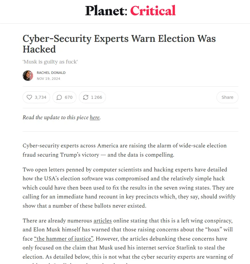 A screenshot of a fake news article from 'Planet: Critical' titled 'Cyber-Security Experts Warn Election Was Hacked' with a…