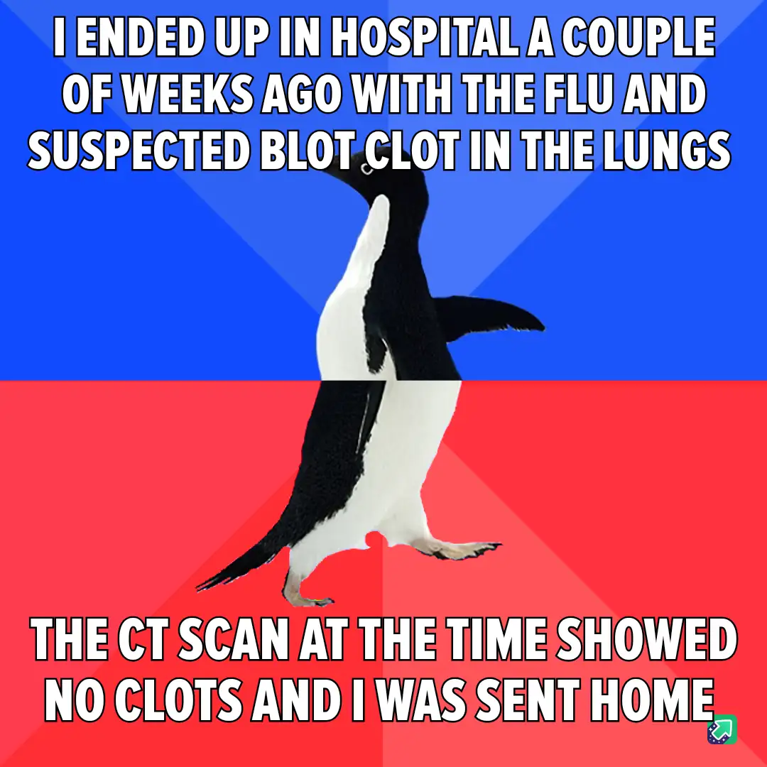 A penguin stands upright against a split blue and red background, with white text overlaid in two sections. The top text…
