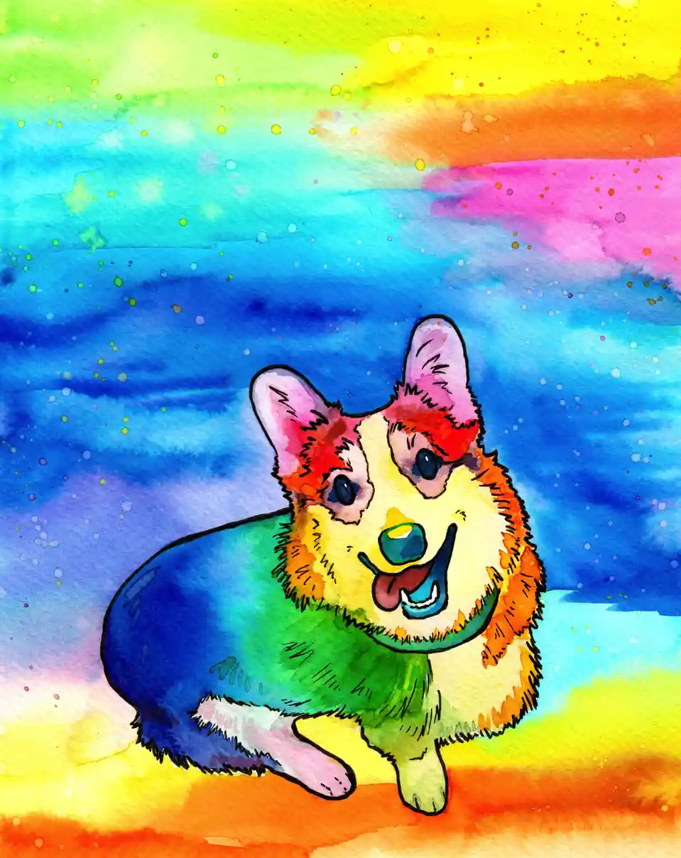 A watercolor painting of a corgi with its fur painted in a rainbow gradient, set against a similarly colorful, starry sky…