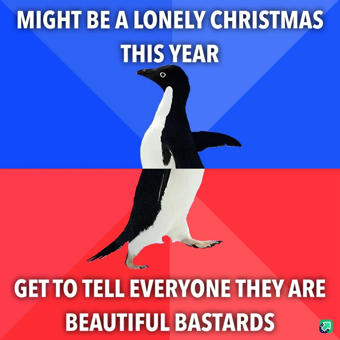 A black-and-white penguin stands centered against a split blue and red background. White bold text at the top reads 'MIGHT…
