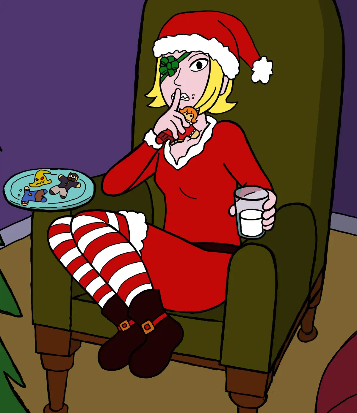 A cartoon woman in a red santa outfit with striped stockings and a santa hat sits in a green armchair, holding a glass of…