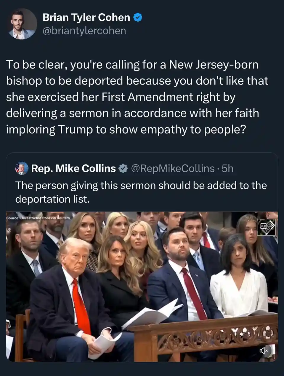 A screenshot of a Twitter thread shows Rep. Mike Collins calling for a New Jersey-born bishop to be deported for delivering…