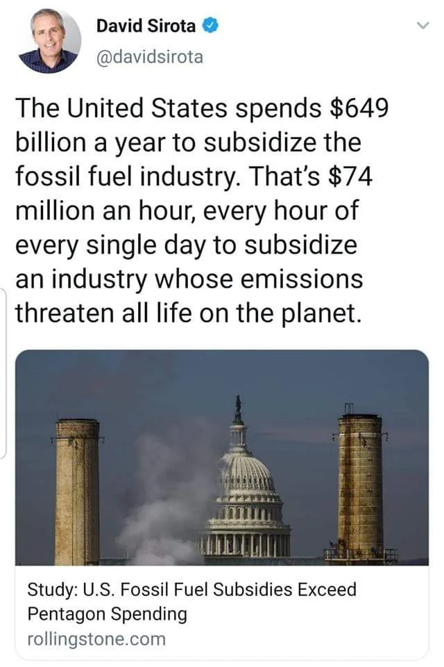 A tweet from David Sirota shows a photo of the U.S. Capitol building framed between two large industrial smokestacks…